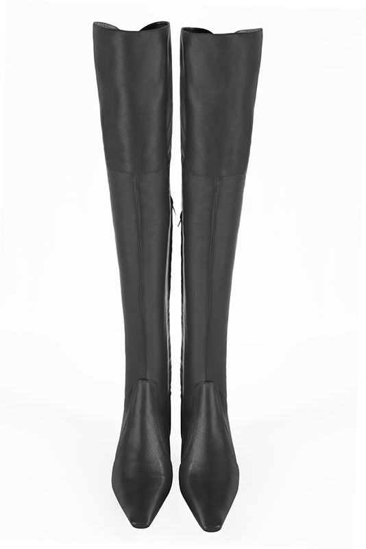 Dark grey women's leather thigh-high boots. Tapered toe. Medium block heels. Made to measure. Top view - Florence KOOIJMAN